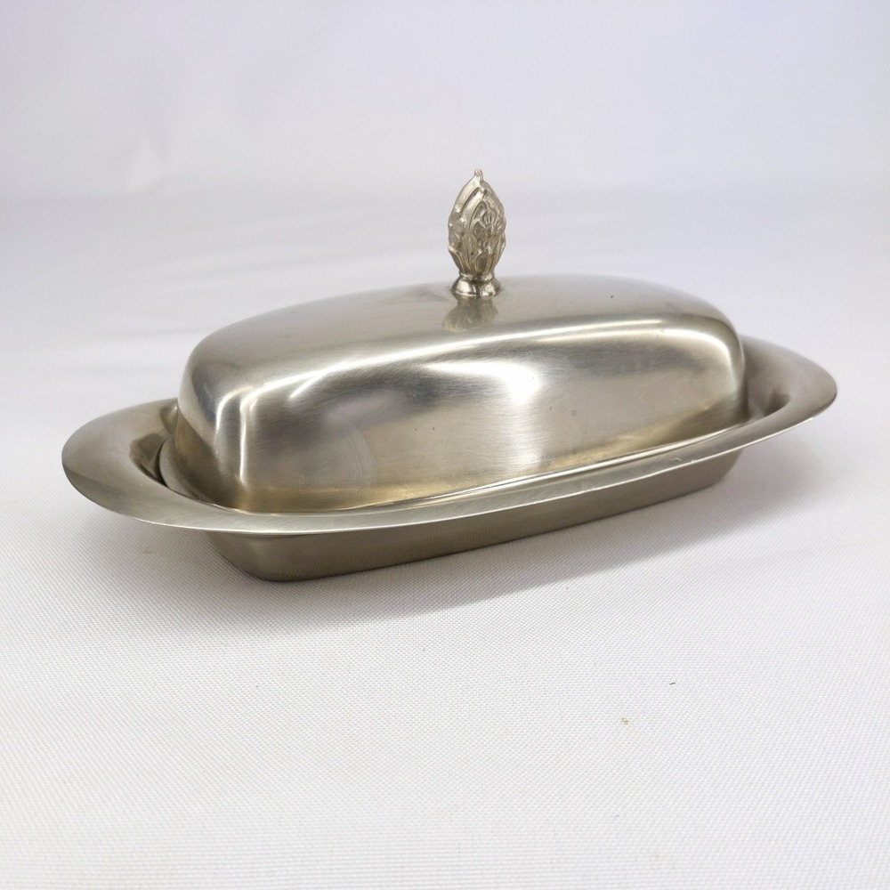 F.B. Rogers Butter Dish Silver Metal Glass Insert Finial Lid Oblong 9 Inch